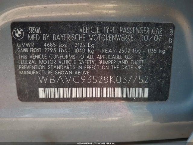 45590089 :رقم المزاد ، WBAVC93528K037752 vin ، 2008 Bmw 328xi مزاد بيع