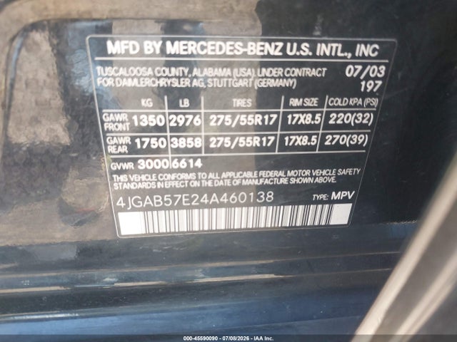 45590090 :رقم المزاد ، 4JGAB57E24A460138 vin ، 2004 Mercedes-benz Ml 350 4matic مزاد بيع