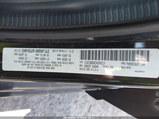 2012 Chrysler 200 Touring მანქანა იყიდება აუქციონზე, vin: 1C3CCBBG9CN224213, აუქციონის ნომერი: 45590094