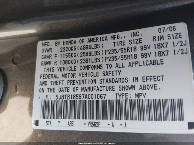 Продаж на аукціоні авто 2007 Acura Rdx, vin: 5J8TB18597A001067, номер лоту: 45590099