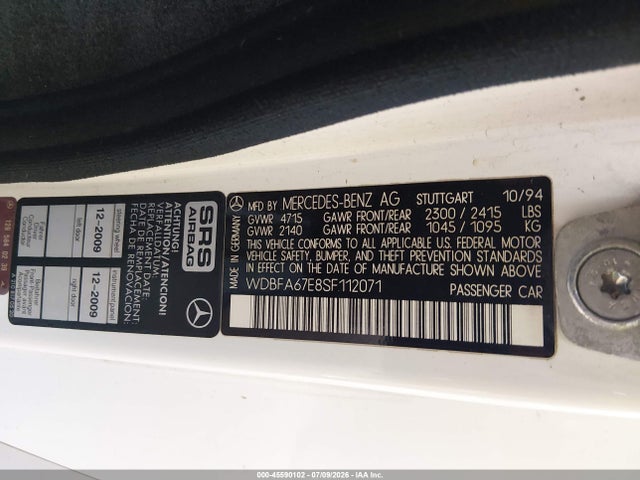 Aukcja sprzedaży 1995 Mercedes-benz Sl 500, vin: WDBFA67E8SF112071, numer aukcji: 45590102
