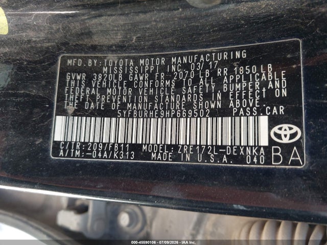 Toyota COROLLA LE 2017 5YFBURHE9HP669502 Image 9