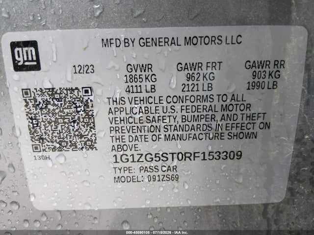 2024 Chevrolet Malibu Fwd Rs მანქანა იყიდება აუქციონზე, vin: 1G1ZG5ST0RF153309, აუქციონის ნომერი: 45590108