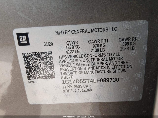 Продажа на аукционе авто 2020 Chevrolet Malibu Fwd Lt, vin: 1G1ZD5ST4LF089730, номер лота: 45590113