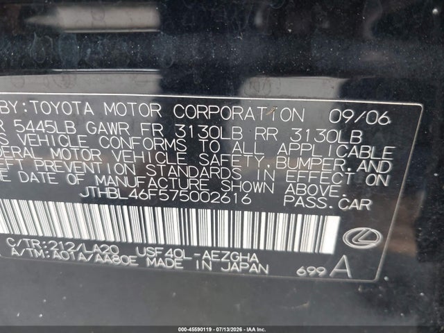 Aukcja sprzedaży 2007 Lexus Ls 460, vin: JTHBL46F575002616, numer aukcji: 45590119