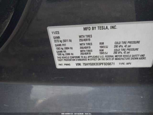 Aukcja sprzedaży 2023 Tesla Model Y Rwd, vin: 7SAYGDED3PF939871, numer aukcji: 45590123