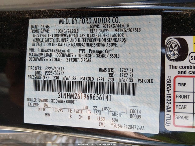 45590122 :رقم المزاد ، 3LNHM26196R656141 vin ، 2006 Lincoln Zephyr مزاد بيع