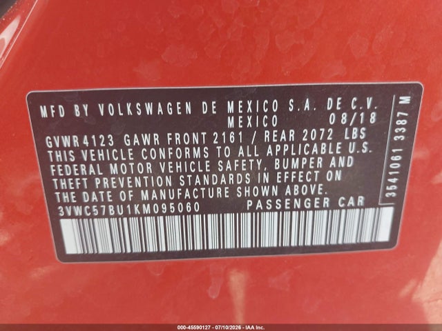 2019 Volkswagen Jetta 1.4t R-line/1.4t S/1.4t Se მანქანა იყიდება აუქციონზე, vin: 3VWC57BU1KM095060, აუქციონის ნომერი: 45590127