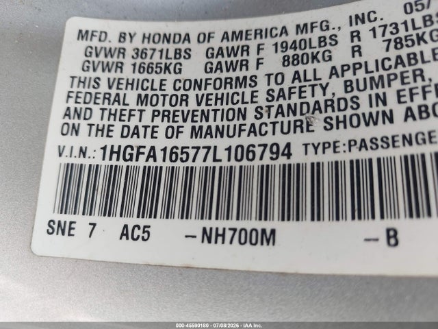 Auction sale of the 2007 Honda Civic Lx, vin: 1HGFA16577L106794, lot number: 45590180