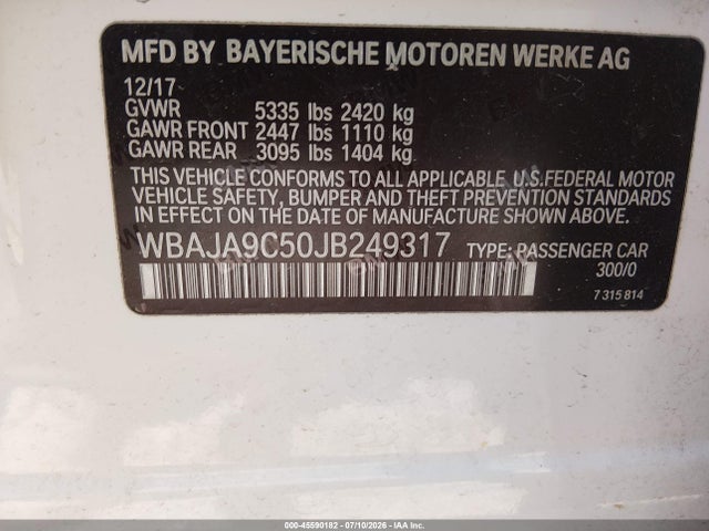 Aukcja sprzedaży 2018 Bmw 530e Iperformance, vin: WBAJA9C50JB249317, numer aukcji: 45590182