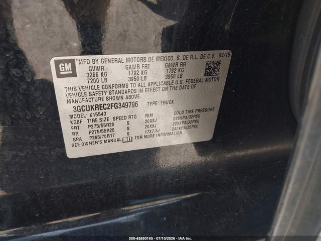 Aukcja sprzedaży 2015 Chevrolet Silverado 1500 Lt, vin: 3GCUKREC2FG349796, numer aukcji: 45590185