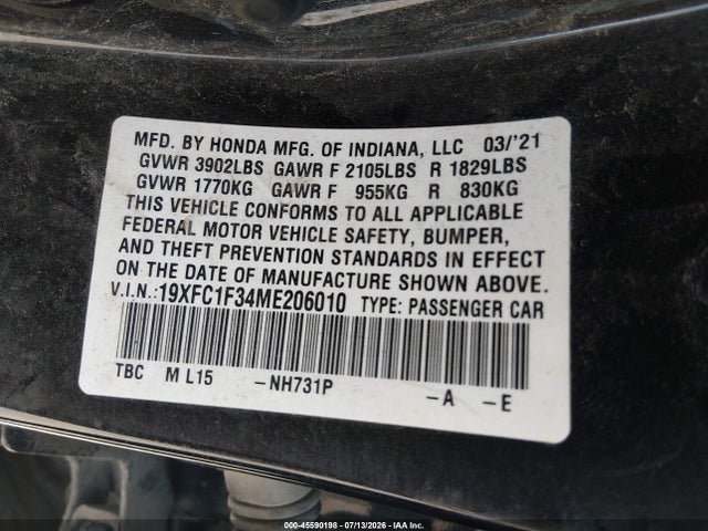 Aukcja sprzedaży 2021 Honda Civic Ex, vin: 19XFC1F34ME206010, numer aukcji: 45590198