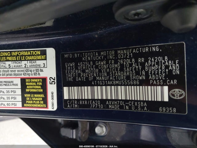 Продажа на аукционе авто 2021 Toyota Camry Se Hybrid, vin: 4T1G31AK8MU555686, номер лота: 45590199