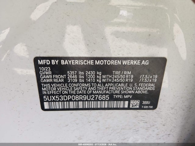45590203 :رقم المزاد ، 5UX53DP08R9U27685 vin ، 2024 Bmw X3 Xdrive30i مزاد بيع