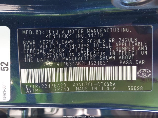 Toyota Camry Se Hybrid 2020 4T1G31AK2LU521631 Image 9
