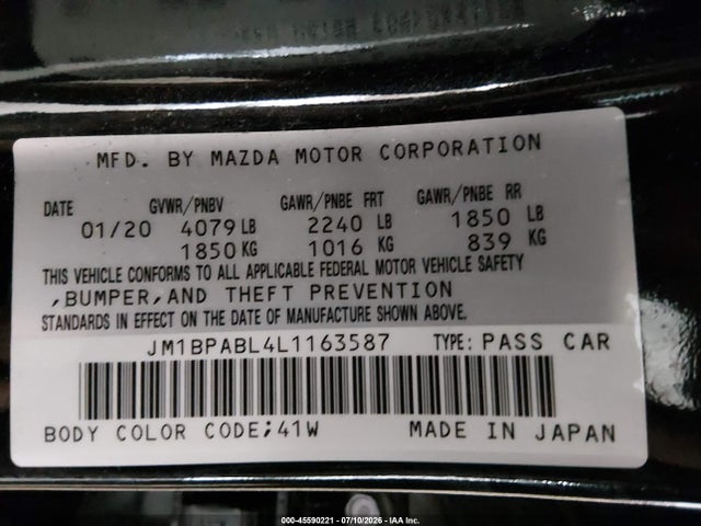 Продажа на аукционе авто 2020 Mazda Mazda3, vin: JM1BPABL4L1163587, номер лота: 45590221