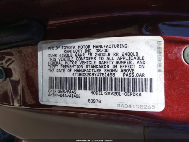 Aukcja sprzedaży 2000 Toyota Camry Ce, vin: 4T1BG22K8YU761468, numer aukcji: 45590234