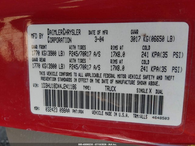Aukcja sprzedaży 2004 Dodge Ram 1500 Slt/laramie, vin: 1D3HU18DX4J241186, numer aukcji: 45590235