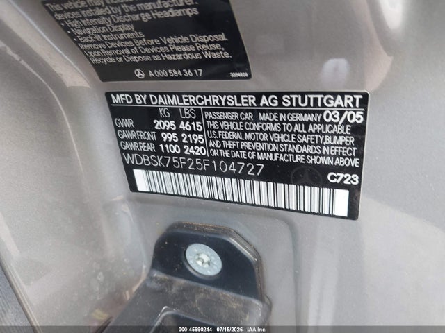Продаж на аукціоні авто 2005 Mercedes-benz Sl 500, vin: WDBSK75F25F104727, номер лоту: 45590244