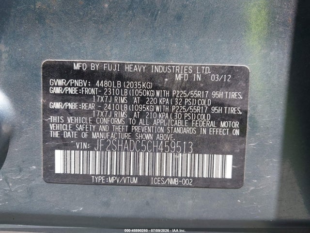 Aukcja sprzedaży 2012 Subaru Forester 2.5x Premium, vin: JF2SHADC5CH459513, numer aukcji: 45590280