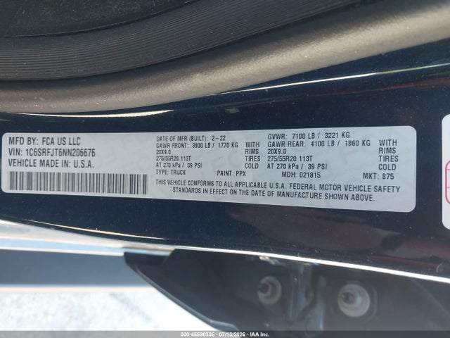 Продаж на аукціоні авто 2022 Ram 1500 Laramie  4x4 5'7 Box, vin: 1C6SRFJT6NN206676, номер лоту: 45590305