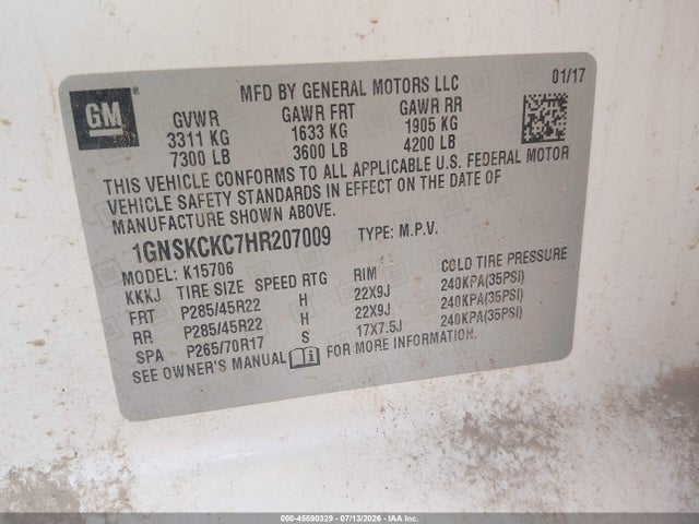Aukcja sprzedaży 2017 Chevrolet Tahoe Premier, vin: 1GNSKCKC7HR207009, numer aukcji: 45590329