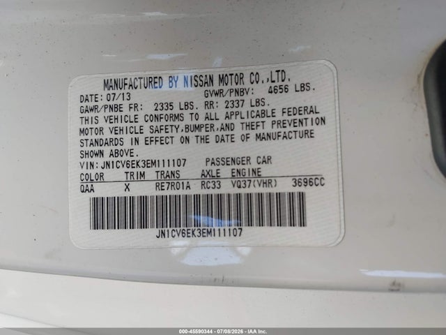 45590344 :رقم المزاد ، JN1CV6EK3EM111107 vin ، 2014 Infiniti Q60 Journey مزاد بيع