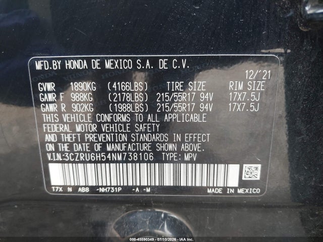 Auction sale of the 2022 Honda Hr-v Awd Ex, vin: 3CZRU6H54NM738106, lot number: 45590349