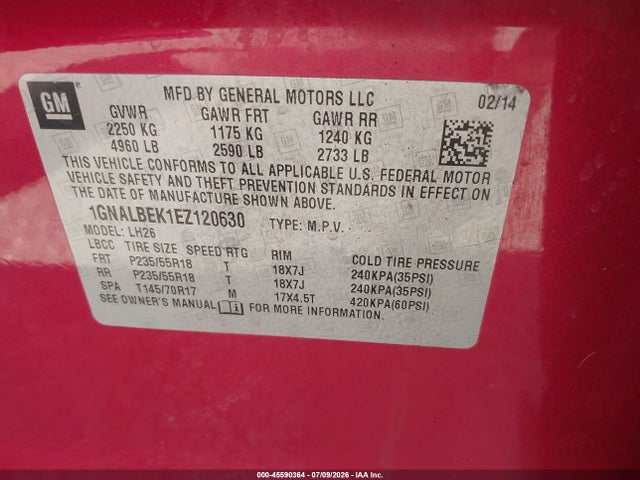 Продаж на аукціоні авто 2014 Chevrolet Equinox Lt, vin: 1GNALBEK1EZ120630, номер лоту: 45590364