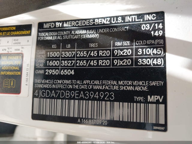 45590393 :رقم المزاد ، 4JGDA7DB9EA394923 vin ، 2014 Mercedes-benz Ml 550 4matic مزاد بيع