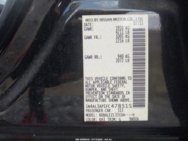 Продаж на аукціоні авто 2015 Nissan Altima 2.5 S, vin: 1N4AL3AP1FC478515, номер лоту: 45590435