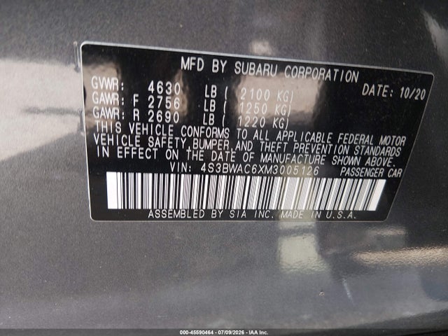 Продаж на аукціоні авто 2021 Subaru Legacy Premium, vin: 4S3BWAC6XM3005126, номер лоту: 45590464