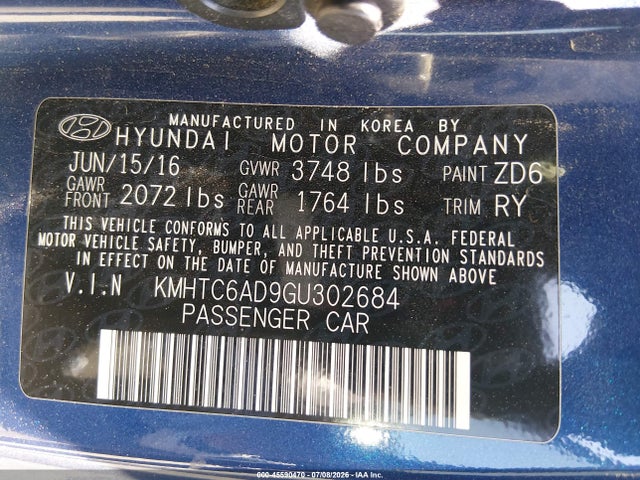 2016 Hyundai Veloster მანქანა იყიდება აუქციონზე, vin: KMHTC6AD9GU302684, აუქციონის ნომერი: 45590470