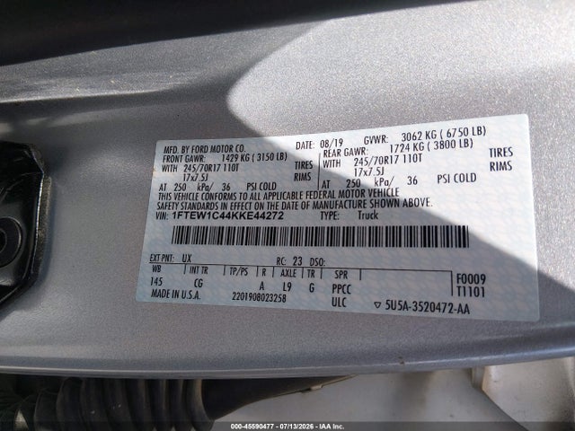 45590477 :رقم المزاد ، 1FTEW1C44KKE44272 vin ، 2019 Ford F-150 Xl مزاد بيع
