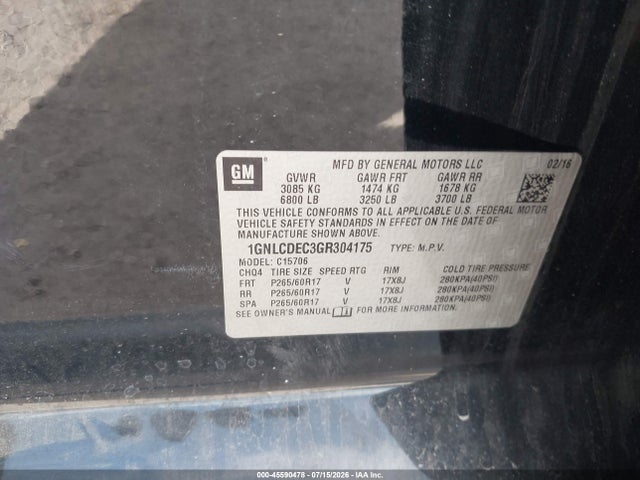 Aukcja sprzedaży 2016 Chevrolet Tahoe Commercial, vin: 1GNLCDEC3GR304175, numer aukcji: 45590478