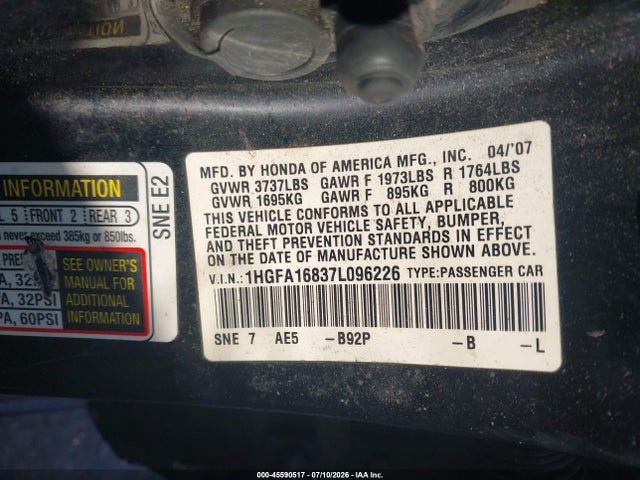 45590517 :رقم المزاد ، 1HGFA16837L096226 vin ، 2007 Honda Civic Ex مزاد بيع
