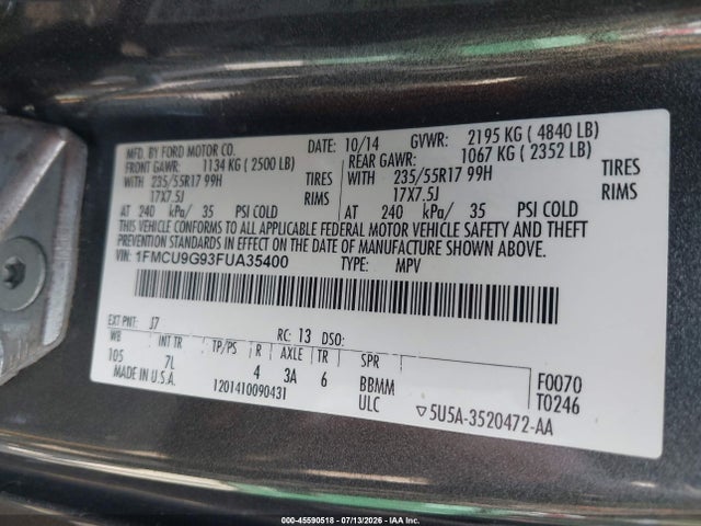 Aukcja sprzedaży 2015 Ford Escape Se, vin: 1FMCU9G93FUA35400, numer aukcji: 45590518