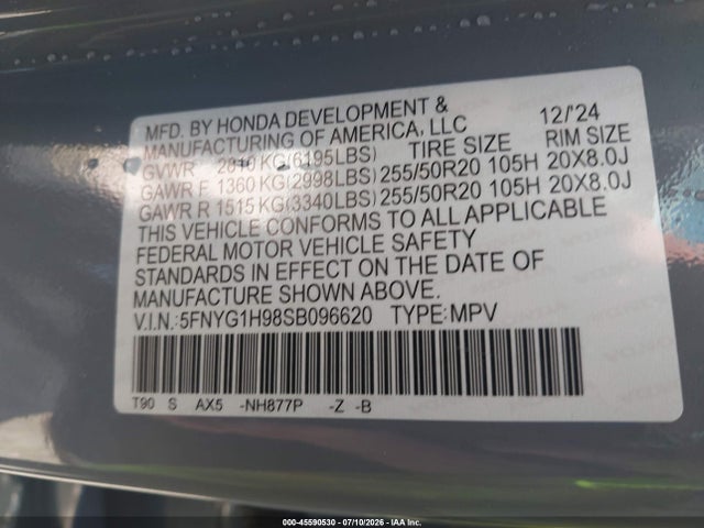 Aukcja sprzedaży 2025 Honda Pilot Black Edition, vin: 5FNYG1H98SB096620, numer aukcji: 45590530