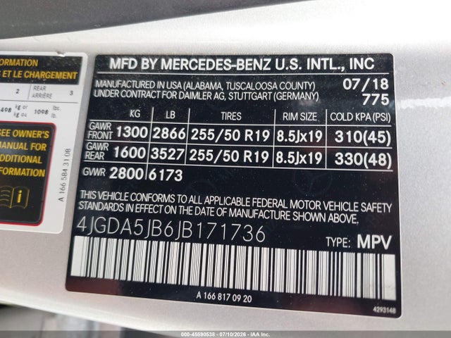 45590538 :رقم المزاد ، 4JGDA5JB6JB171736 vin ، 2018 Mercedes-benz Gle 350 مزاد بيع