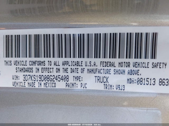 45590549 :رقم المزاد ، 3D7KS19D08G245408 vin ، 2008 Dodge Ram 1500 Sxt/slt مزاد بيع