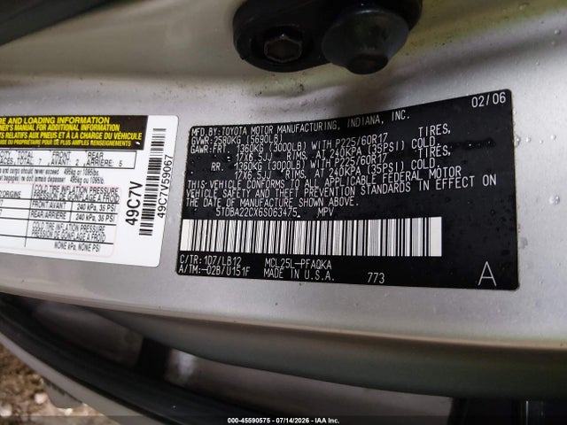2006 Toyota Sienna Xle მანქანა იყიდება აუქციონზე, vin: 5TDBA22CX6S063475, აუქციონის ნომერი: 45590575