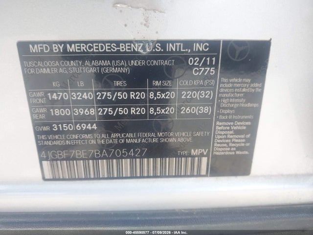 45590577 :رقم المزاد ، 4JGBF7BE7BA705427 vin ، 2011 Mercedes-benz Gl 450 4matic مزاد بيع