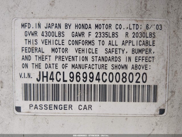 2004 Acura Tsx მანქანა იყიდება აუქციონზე, vin: JH4CL96994C008020, აუქციონის ნომერი: 45590583