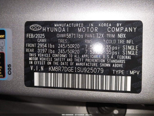 2025 Hyundai Palisade Calligraphy მანქანა იყიდება აუქციონზე, vin: KM8R7DGE1SU925079, აუქციონის ნომერი: 45590586