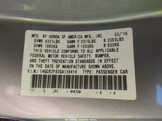 45590588 :رقم المزاد ، 1HGCR2F82GA134414 vin ، 2016 Honda Accord Ex-l مزاد بيع