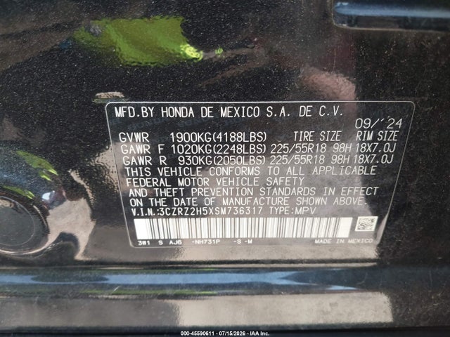 45590611 :رقم المزاد ، 3CZRZ2H5XSM736317 vin ، 2025 Honda Hr-v Awd Sport مزاد بيع