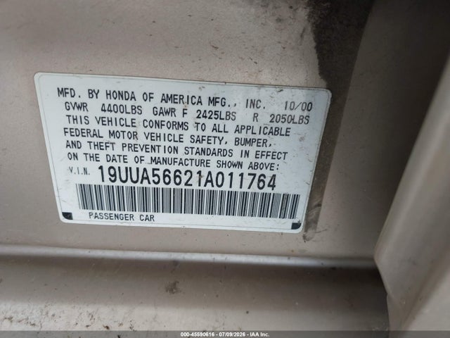 45590616 :رقم المزاد ، 19UUA56621A011764 vin ، 2001 Acura Tl 3.2 مزاد بيع