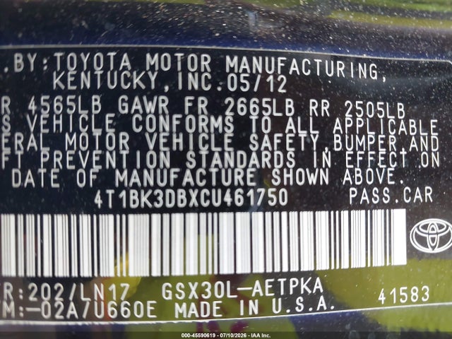 2012 Toyota Avalon Limited მანქანა იყიდება აუქციონზე, vin: 4T1BK3DBXCU461750, აუქციონის ნომერი: 45590619