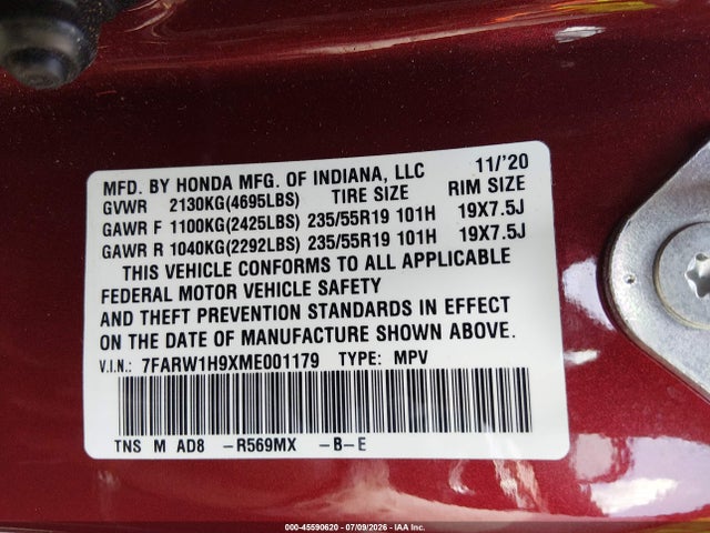 2021 Honda Cr-v 2wd Touring მანქანა იყიდება აუქციონზე, vin: 7FARW1H9XME001179, აუქციონის ნომერი: 45590620