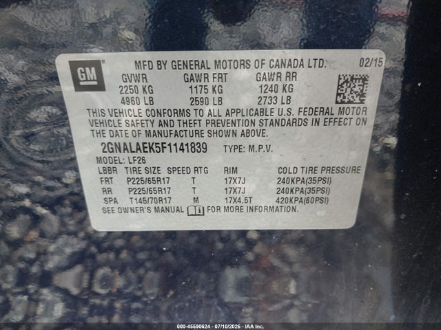 45590624 :رقم المزاد ، 2GNALAEK5F1141839 vin ، 2015 Chevrolet Equinox Ls مزاد بيع